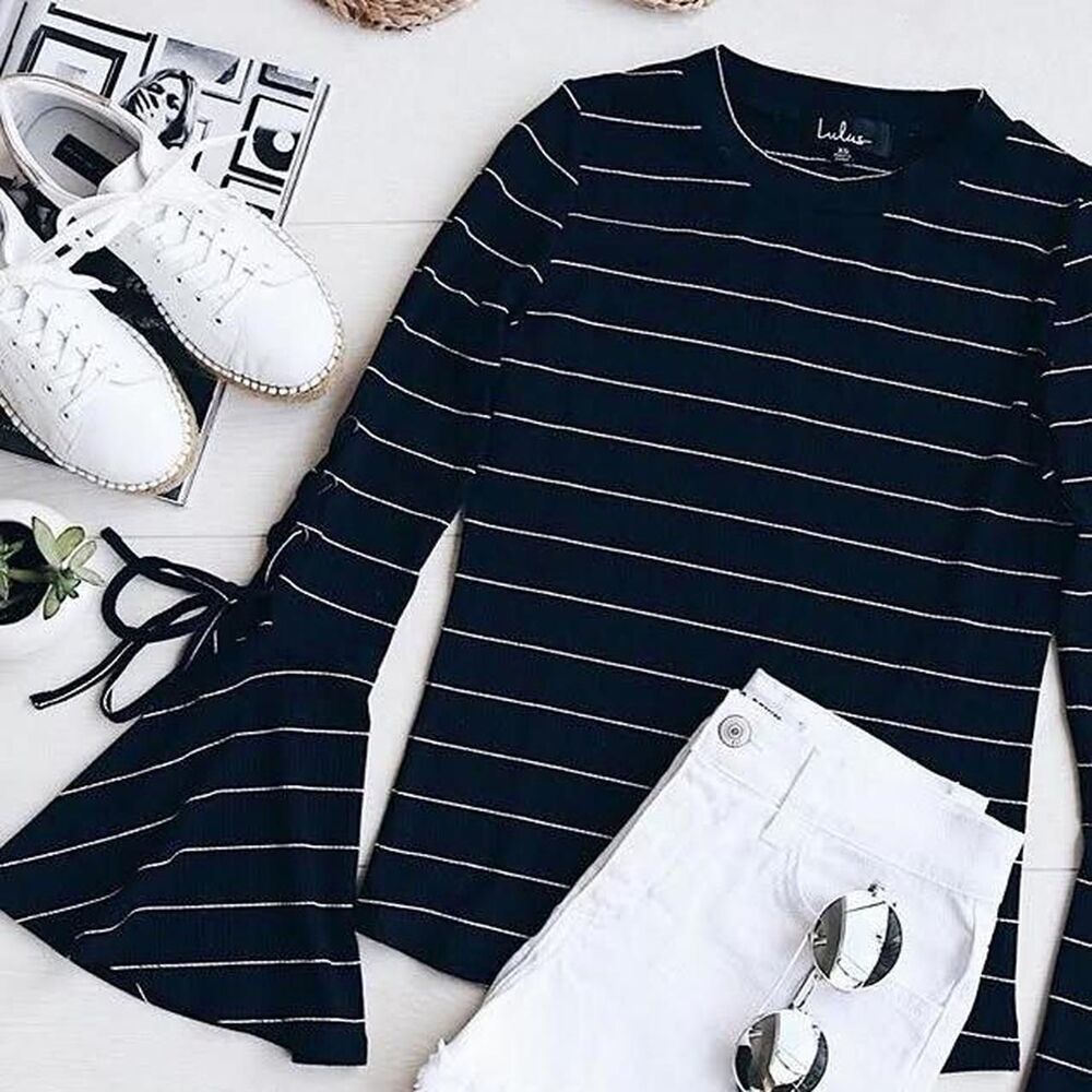 Lulus Women's Navy and White “found my mate” striped top.